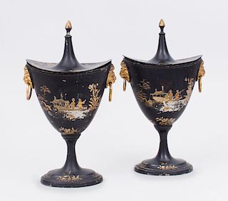 PAIR OF REGENCY STYLE BLACK PAINTED AND PARCEL-GILT TÔLE CHESTNUT BOXES AND COVERS