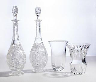 PAIR OF TALL CUT-GLASS DECANTERS AND STOPPERS, A BACCARAT GLASS VASE, AND AN ORREFORS GLASS VASE