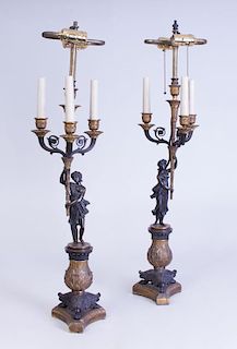 PAIR OF EMPIRE GILT-BRONZE THREE-LIGHT CANDELABRA MOUNTED AS LAMPS