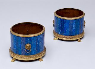 PAIR OF FRENCH ORMOLU-MOUNTED LAPIS CACHE POTS