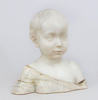CARVED WHITE MARBLE HEAD OF A YOUNG BOY