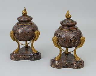 PAIR OF FRENCH ORMOLU-MOUNTED BRONZE URNS AND COVERS