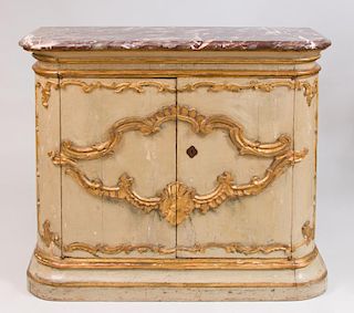 ITALIAN BAROQUE PAINTED AND PARCEL-GILT CABINET WITH MARBLE TOP