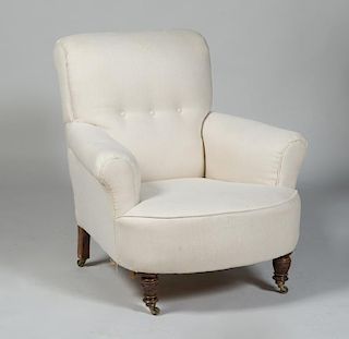 VICTORIAN STYLE MAHOGANY AND WHITE LINEN-UPHOLSTERED CLUB CHAIR