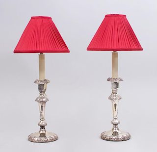 PAIR OF ENGLISH SILVERED METAL CANDLESTICKS MOUNTED AS LAMPS