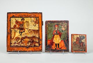 RUSSIAN PAINTED WOOD ICON OF ST. GEORGE AND THE DRAGON, A SMALLER ICON OF ST. GEORGE, AND A GREEK ICON OF A SAINT