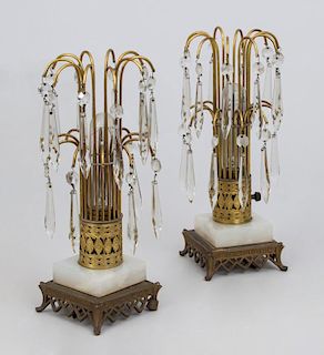 PAIR OF REGENCY STYLE BRASS, GLASS, GILT-METAL AND MARBLE 'FOUNTAIN SPRAY' LAMPS