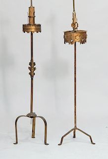 TWO GILT-WROUGHT-IRON FLOOR LAMPS