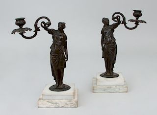 PAIR OF ENGLISH BRONZE FIGURAL CANDLESTICKS ON MARBLE BASES