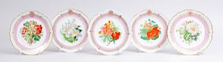 SET OF FIVE FRENCH PORCELAIN DESSERT PLATES DECORATED WITH FLOWERS