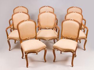 SET OF EIGHT LOUIS XV STYLE CARVED WOOD DINING CHAIRS, MODERN