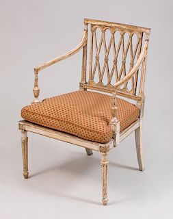 GEORGE III STYLE CREAM PAINTED AND CANED ARMCHAIR
