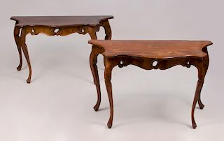 PAIR OF ITALIAN ROCOCO STYLE PROVINCIAL STAINED WALNUT CONSOLE TABLES