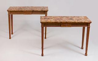 PAIR OF GEORGE III STYLE CARVED PINE MARBLE-TOP CONSOLE TABLES