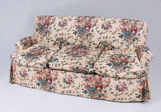 TEA STAINED LINEN CHINTZ UPHOLSTERED SOFA