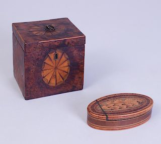 GEORGE III INLAID TEA CADDY AND AN OVAL SNUFF BOX WITH HINGED COVER