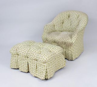 LINEN TUFTED UPHOLSTERED TUB CHAIR AND MATCHING STOOL