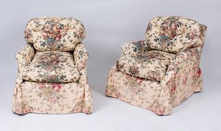 PAIR OF TEA STAINED LINEN CHINTZ UPHOLSTERED CLUB CHAIRS