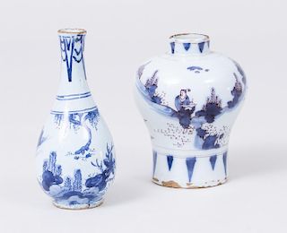 TWO DUTCH DELFT VASES, A PAIR OF FRENCH FAIENCE CRUETS IN STAND, AND AN ENGLISH LUSTERWARE JUG