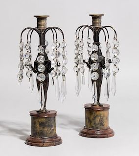 PAIR OF EGYPTIAN REVIVAL BRONZE AND CUT-GLASS CANDLESTICKS