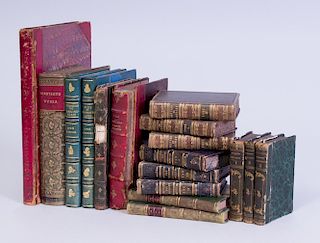 GROUP OF SEVENTEEN LEATHER AND PART-LEATHER-BOUND BOOKS, POETIC AND PROSE WORKS IN ENGLISH AND IN FRENCH