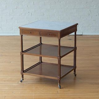 MAHOGANY TWO-DRAWER MARBLE-TOP THREE-TIER TABLE
