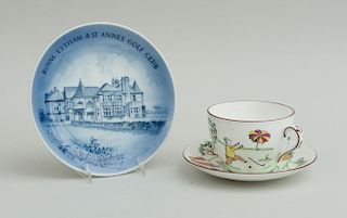 CROWN STAFFORDSHIRE FINE BONE CHINA COFFEE CUP AND SAUCER WITH GOLFING VIGNETTES AND A ROYAL COPENHAGEN SOUVENIR PLATE: ROYAL
