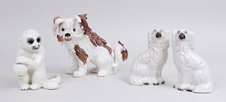 PAIR OF STAFFORDSHIRE DOGS, A MEISSEN STYLE MODEL OF A BOLOGNESE HOUND, AND AN ITALIAN FIGURE OF A MONKEY