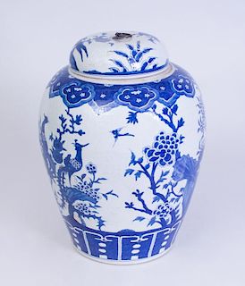 CHINESE LARGE PORCELAIN BLUE AND WHITE JAR AND COVER
