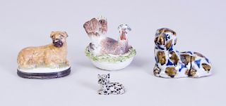 CHINESE MOTTLE GLAZED DOG, A MEISSEN NESTING CHICKEN, AND A PORCELAIN DOG-FORM SNUFF BOX