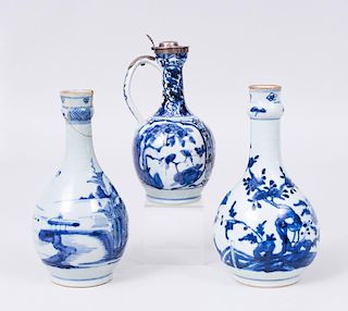 CONTINENTAL SILVER-MOUNTED PORCELAIN CHINESE EWER AND TWO CHINESE PORCELAIN BOTTLE VASES