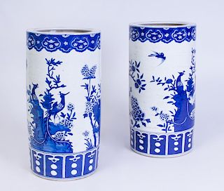 PAIR OF CHINESE BLUE AND WHITE UMBRELLA STANDS