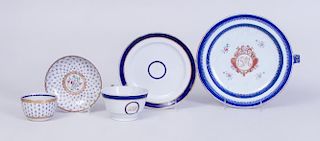 CHINESE EXPORT ARMORIAL PORCELAIN WARMING PLATE, FOUR CUPS AND SAUCERS, AND OTHER WARES