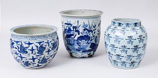 TWO CHINESE BLUE AND WHITE PORCELAIN JARDINIÈRES AND A VASE
