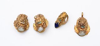 GOLD METAL AND TURQUOISE DRAGON-FORM PENDANT, RING AND EARRING SET