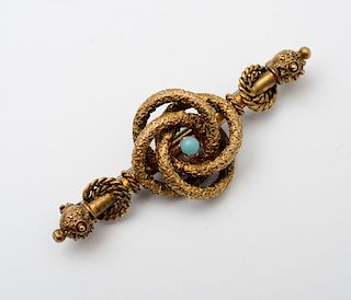GILT-METAL KNOT-FORM PIN WITH TURQUOISE AND AN ANTIQUE COIN AND CHAIN FRAGMENT