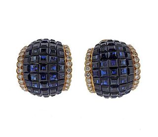 18k Gold Sapphire Diamond Half Hoop Earrings