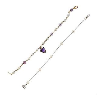 14K Gold Pearl Purple Gemstone Bracelet Lot of 2