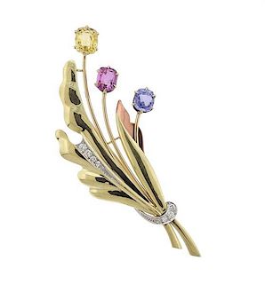 14K Gold Diamond Sapphire Flower Brooch