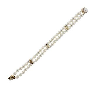 18K Gold Diamond Pearl Two Strand Bracelet