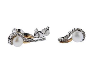14K Gold Sterling Diamond Pearl Earrings Pendant Set