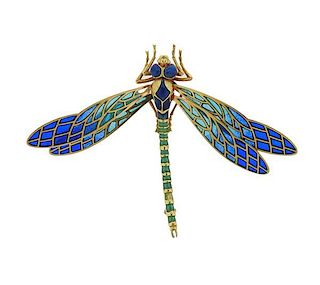 18k Gold Plique A Jour Dragonfly Brooch