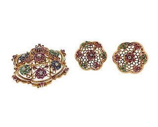 18k Gold Ruby Sapphire Emerald Diamond Earrings Brooch