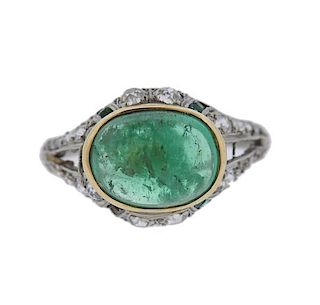 Art Deco Gold Platinum 3.8ct Emerald Diamond Ring