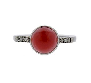 Art Deco Platinum Red Coral Diamond Ring