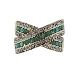 14K Gold Diamond Green Gemstone X Ring