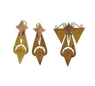 Antique 14k Gold Pendant Earrings Set