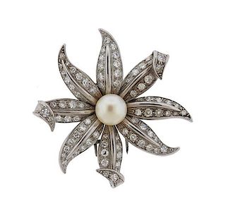 Platinum Diamond Pearl Flower Brooch
