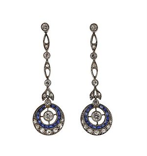 Art Deco 14k Gold Diamond Sapphire Drop Earrings