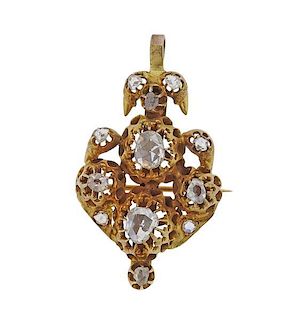 Antique 14k Gold Rose Cut Diamond Pendant Brooch